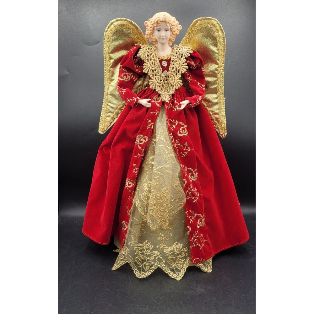Vintage Walmart Christmas Angel Tree Topper Red Velvet Gold Wings 16.5” EUC